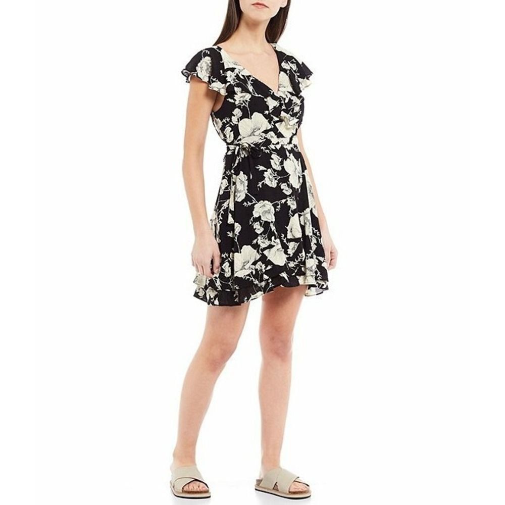 NWT Free People Sz S French Quarter Floral Ruffle V-Neck Wrap Mini Dress Black
